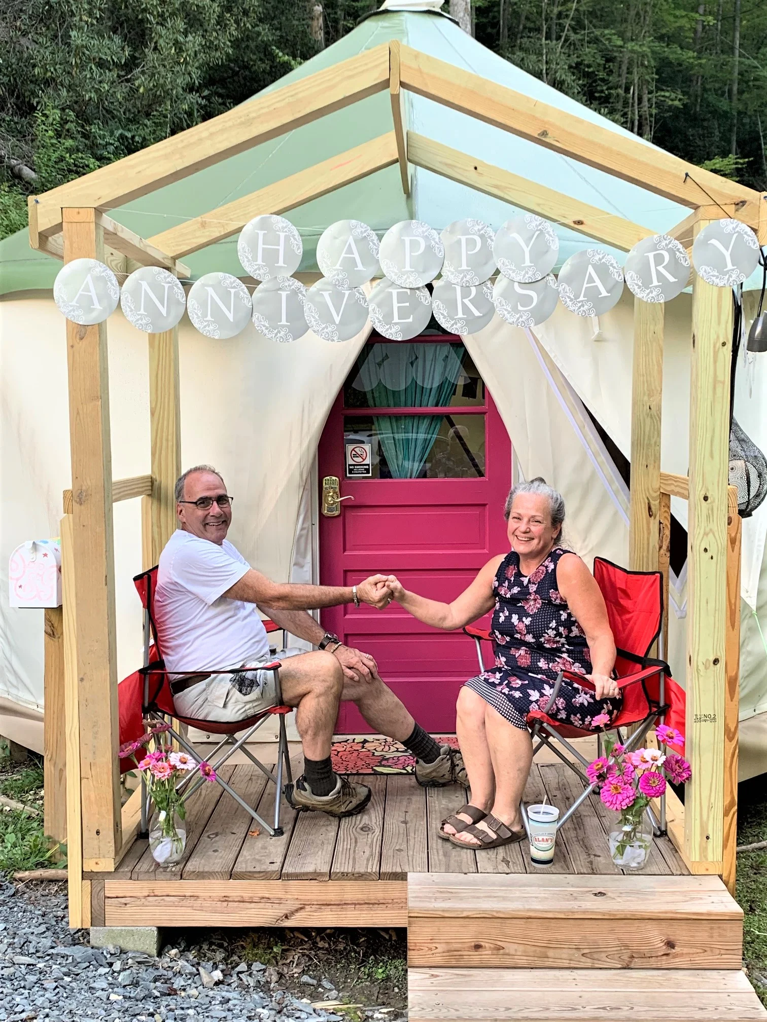 Couple celebrating their 30th anniversary on Boho's porch